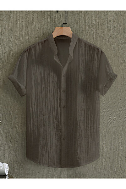 Take Two By Styli Men Brown Textured Mandarin Collar Shirt