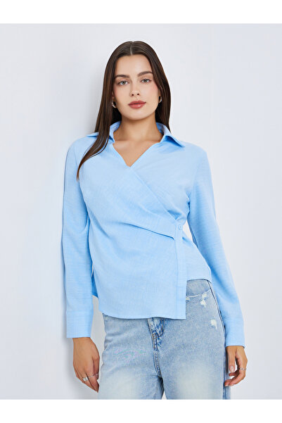 Styli Women Blue Long Sleeves Wrap Top