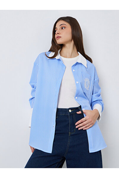 Styli Women Blue Striped Oversized Shirt