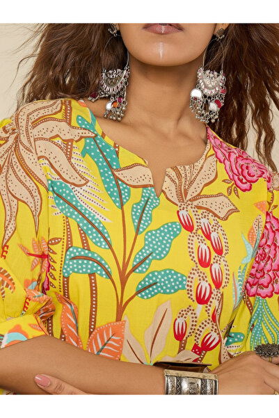 WineRed By Styli Yellow Tropical Print Puff Sleeve Tunic Co-ord Set