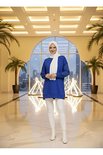 Gioni أزرق بلون الكوبالت تونيك مودال مطرز بكم أزرق