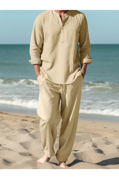 Take Two By Styli Men Beige Linen Shirt and Trousers Co-Ords