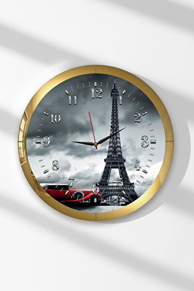 Zevahir Mobilya Dekorasyon Gold Framed Eiffel Tower Themed Round Mdf Wall Clock