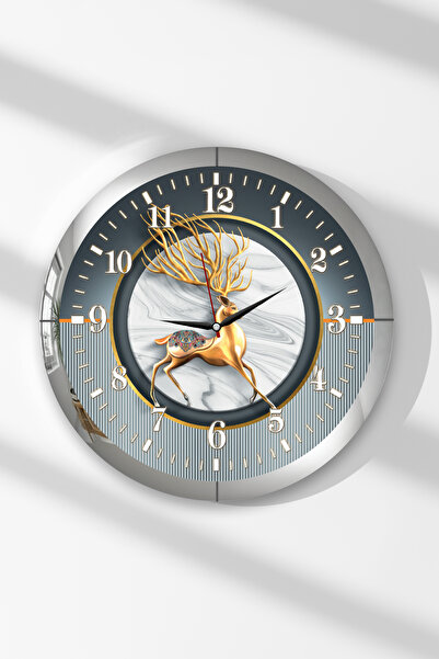 Zevahir Mobilya Dekorasyon Silver Framed Gazelle Themed Round Mdf Wall Clock