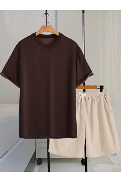 Take Two By Styli Men Brown Solid T-Shirt and Shorts Co-Ords