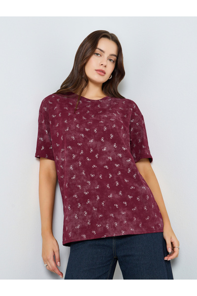 Styli Women Burgundy Bow Print Oversized T-Shirt