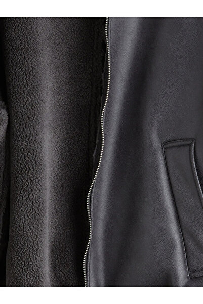 LC Waikiki Plush Collar Men's Leather Look Coat