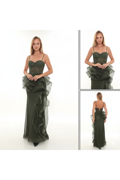 DWT İNCE ASKILI TAŞ İŞLEMELEİ ETEĞI FIRFIRLI DANTEL ABİYE ELBİSE