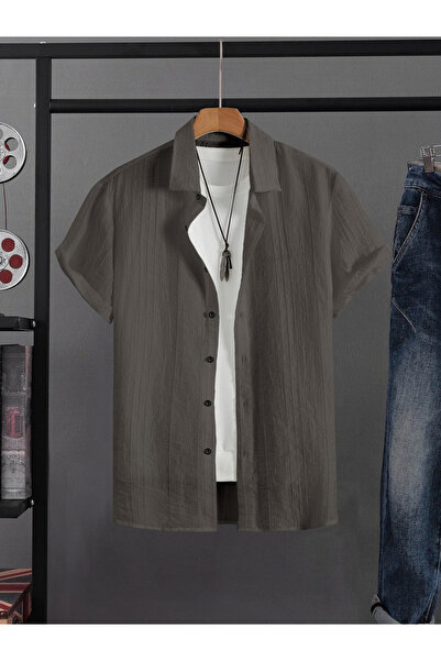 Take Two By Styli قميص رجالي رمادي قصير الأكمام بنقشة مميزة