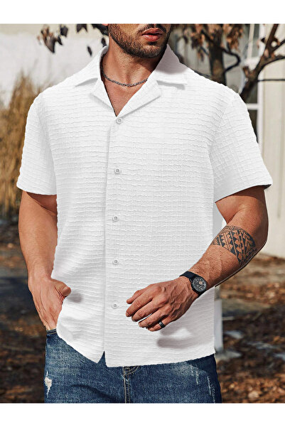 Take Two By Styli Men Textured White Short Sleeve Shirt