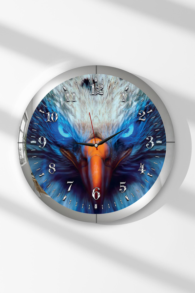 Zevahir Mobilya Dekorasyon Silver Framed Bald Eagle Themed Round Mdf Wall Clock