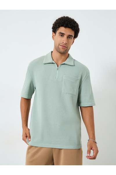 Styli Men Waffle Knit Quarter Zip Oversized Polo