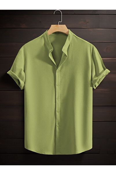 Take Two By Styli Men Green Mandarin Collar Short Sleeve Shirt