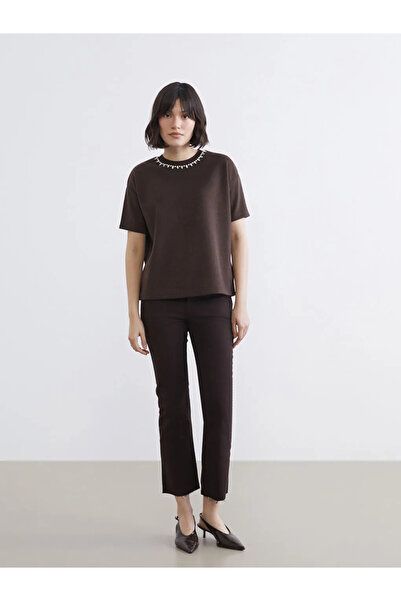 LC Waikiki Lcw Vision Brown Crew Neck Rhinestone Women's Knitwear Sweater