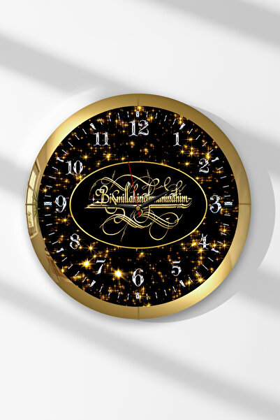 Zevahir Mobilya Dekorasyon Round Mdf Wall Clock with Gold Frame and Yellow Bi...