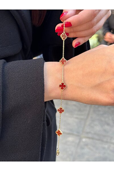 Yazıcıoğlu Kuyumculuk 14 Ayar Altın Bordo Taşlı Yonca Bileklik