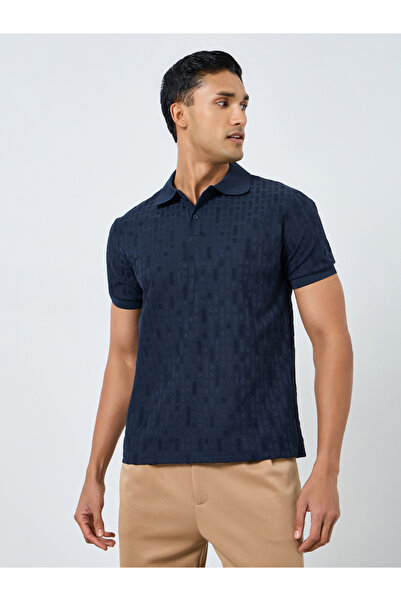 Styli Men Navy Blue Textured Knit Polo