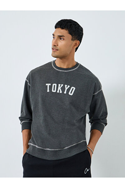 Styli Men Charcoal Tokyo Print Sweatshirt
