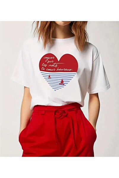 Oceanwear Women's Heart Sea Printed Plain Short Sleeve Crew Neck White Tshirt