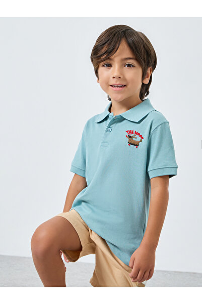 Styli تيشيرت بولو مطرز أزرق من القطن للأولاد