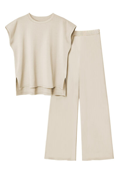 Take Two By Styli Women Beige Sleeveless Top and Wide Leg Pants Co-Ords