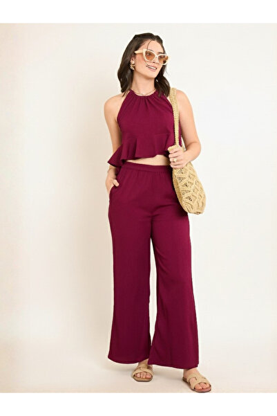 WineRed By Styli Women Halter Neck Crop Top and Pant Co-Ords