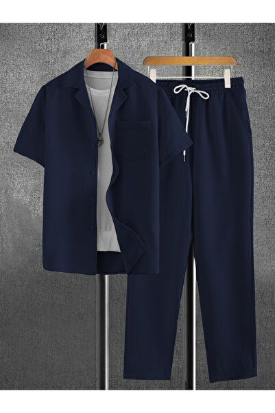 Take Two By Styli طقم رجالي أزرق داكن مريح، قميص وبنطال