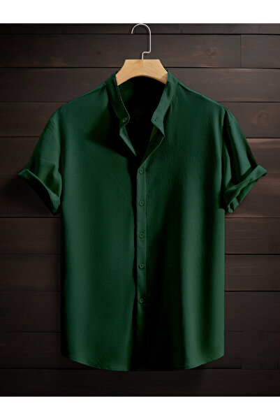 Take Two By Styli Men Dark Green Mandarin Collar Short Sleeve Shirt