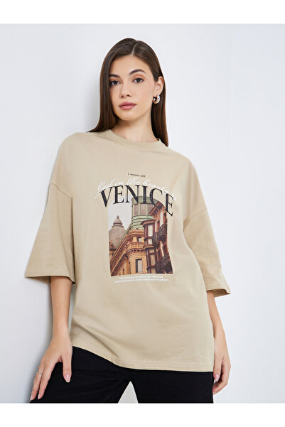 Styli Women Khaki Graphic Oversized T-Shirt