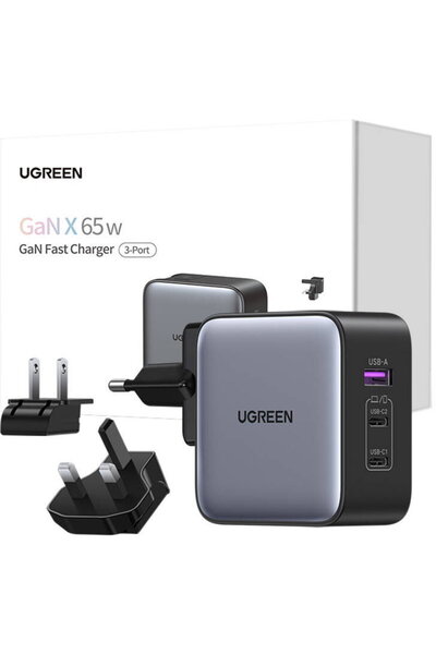 Ugreen GaN USB / 2xUSB C Adaptor 65W mufa UE / UK / SUA negru
