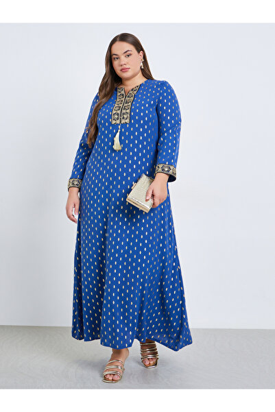 Styli Plus Size Foil Print Jalabiya with Tassel Trim