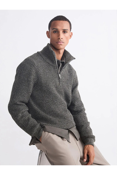 LC Waikiki Khaki Stand Collar Men's Knitwear Sweater