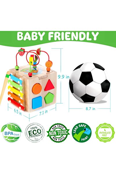 Batlofty مكعب أنشطة خشبي للأطفال 8 في 1 - إكسيليفون، فرز الأشكال، عداد