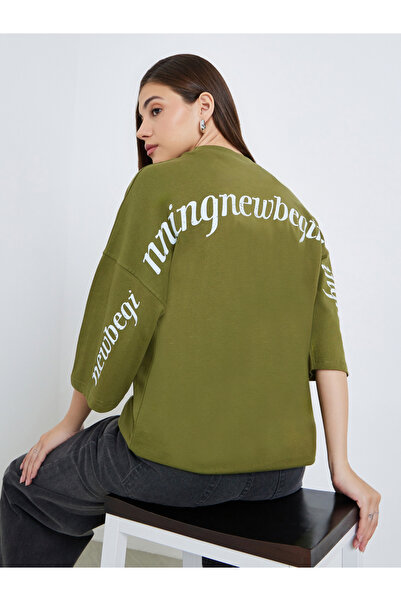 Styli Women Olive Slogan Print Oversized T-Shirt