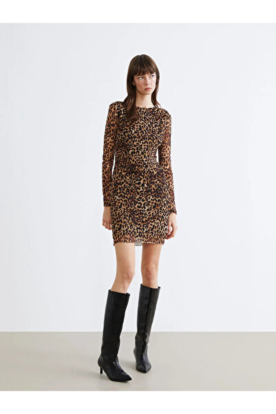 LC Waikiki Mixed Leopard Print Gathered Tulle Mini Dress