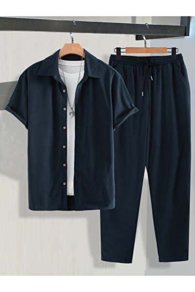 Take Two By Styli طقم رجالي أزرق داكن مريح، قميص وبنطال