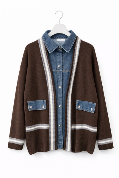 günay boutıque Denim Detailed Wool Cardigan-Brown