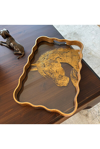 Karma Home Golden Horse - Glass Decorative Tray with Gold Detail