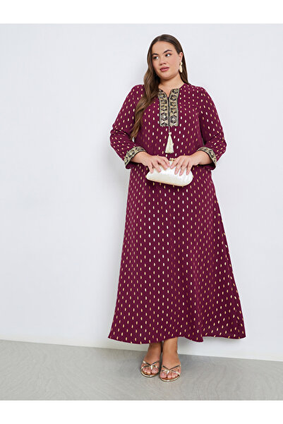 Styli Plus Size Foil Print Jalabiya with Tassel Trim