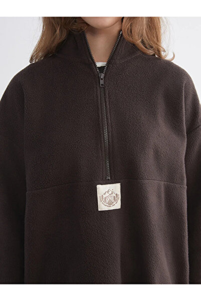 LC Waikiki Brown Mock Neck Embroidered Fleece Women's Sweatshirt Tunic