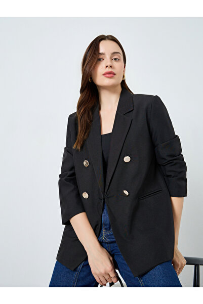 Styli Solid Double-Breasted Loose Blazer with Lining