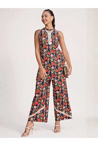 WineRed By Styli Women Floral Print Halter Neck Top and Pants Co-Ords