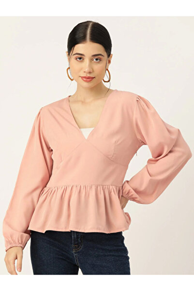 RUE COLLECTION By Styli Women Peach Balloon Sleeve Crepe Peplum Top