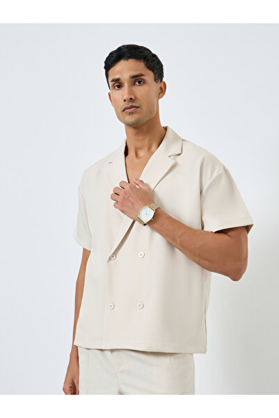 Styli Men Beige Notch Collar Double Breasted Oversized Shirt