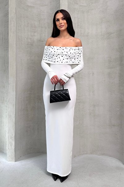 XELA Women's Madonna Collar Stone Detail Long Sleeve Maxi Dress