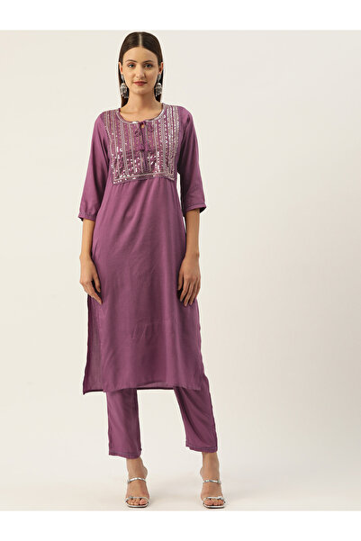 RUE COLLECTION By Styli Women Purple Sequined Kurta with Trousers Set