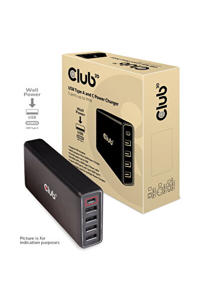 Club 3D USB Type A and C Power Charger, 5 ports up to 111W