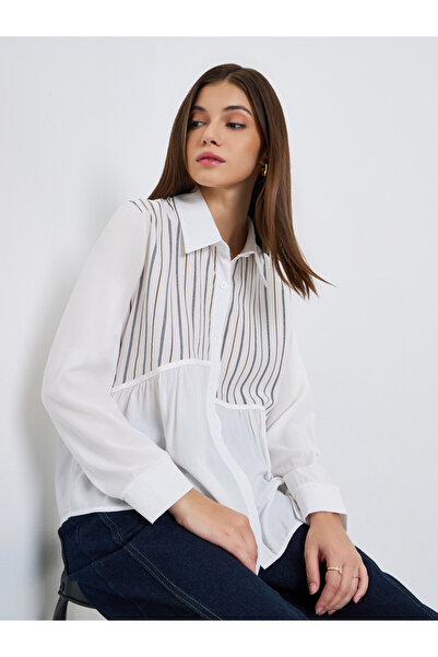 Styli Women White Striped Panel Long Sleeve Shirt