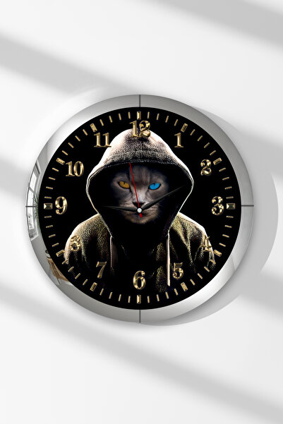 Zevahir Mobilya Dekorasyon Silver Framed Colorful Eyed Cat Themed Round Mdf W...