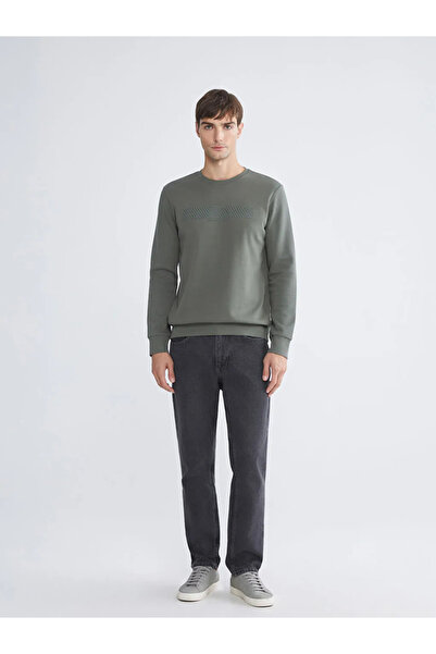 LC Waikiki Khaki Crew Neck Printed Men's Thick Sweatshirt